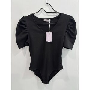 Mango Pop Black Puff Sleeve Bodysuit Women's Small NWT Cotton Spandex Stretchy